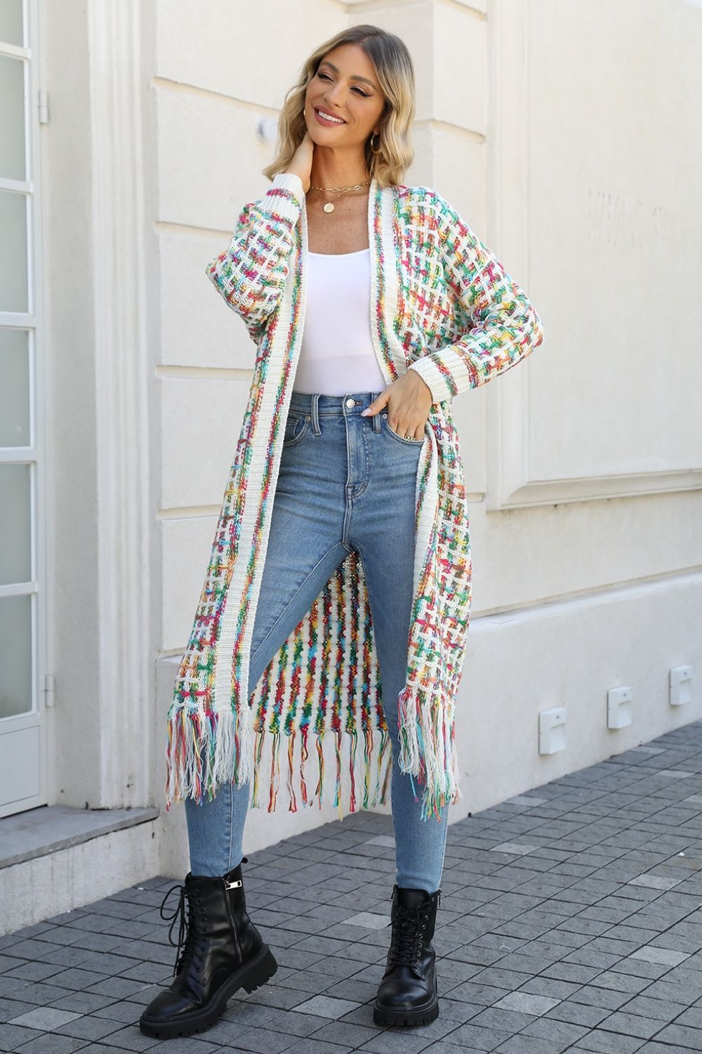 Multicolored Fringe Hem Cardigan