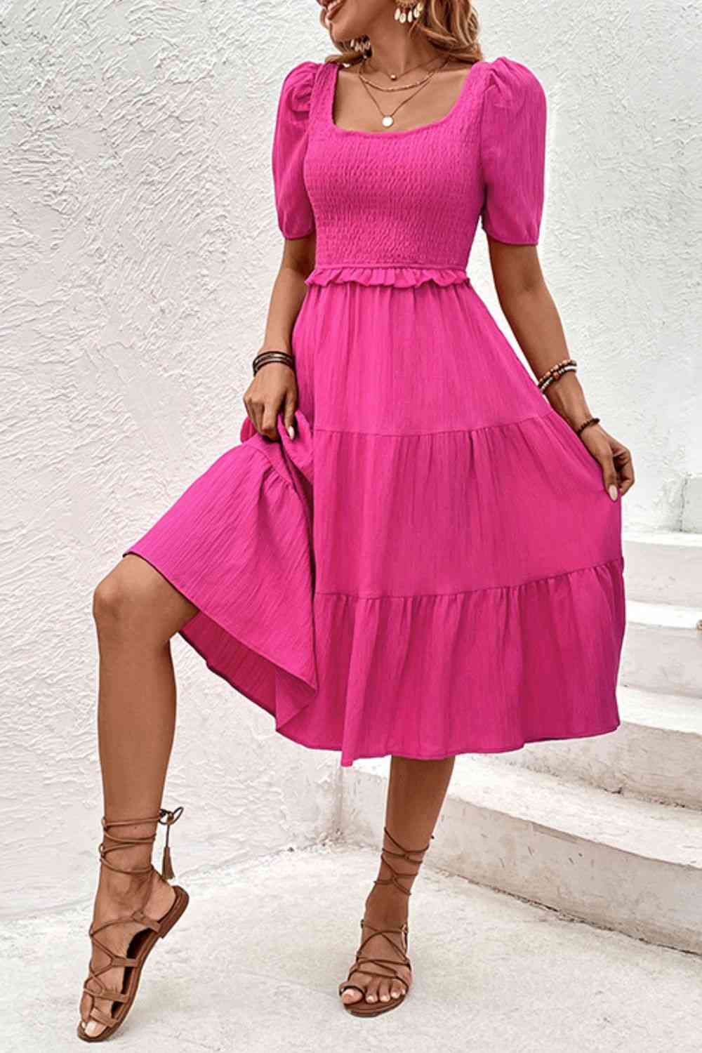 Square Neck Puff Sleeve Fuschia Dress