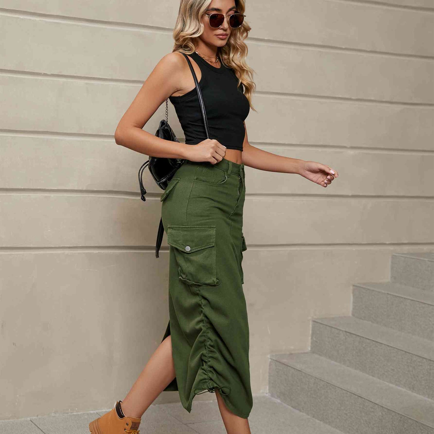Drawstring Denim Midi Skirt