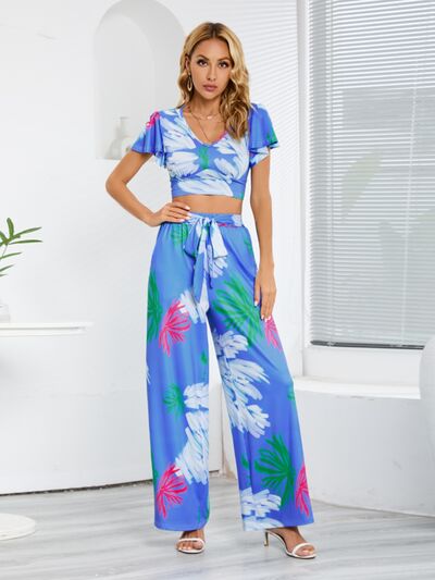 Printed Top and Tied Pants Set
