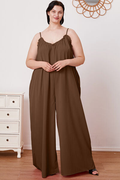 Full Size Ruffle Trim Cami Jumpsuit with Pockets