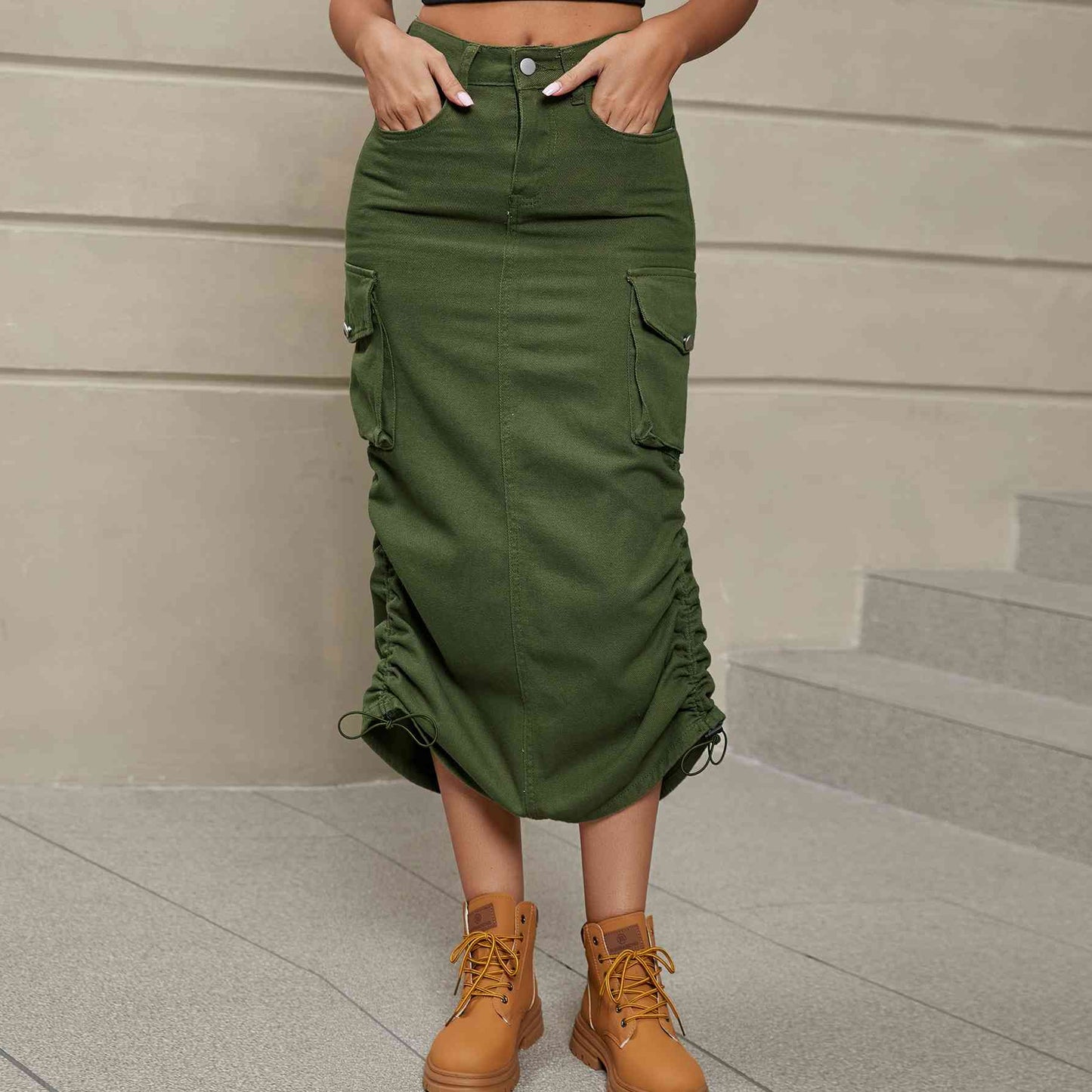 Drawstring Denim Midi Skirt