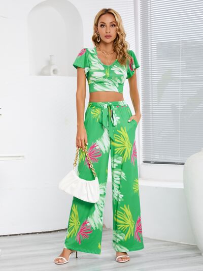 Printed Top and Tied Pants Set