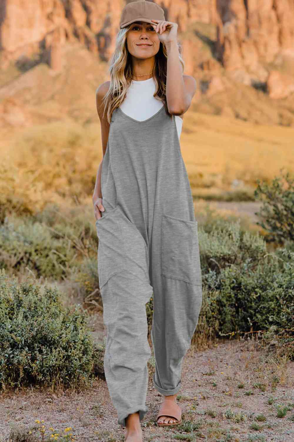 Full Size V-Neck Sleeveless Jumpsuit with Pockets