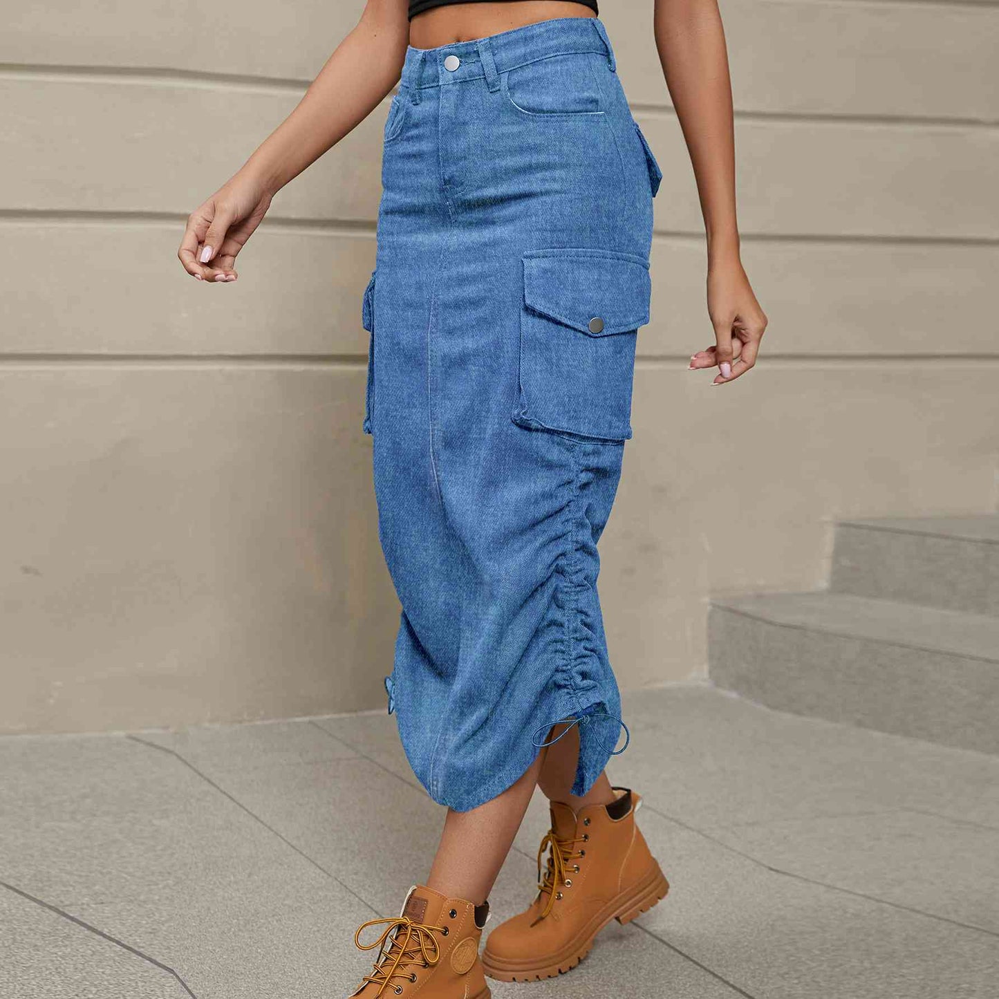 Drawstring Denim Midi Skirt