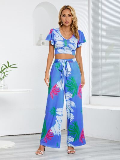 Printed Top and Tied Pants Set