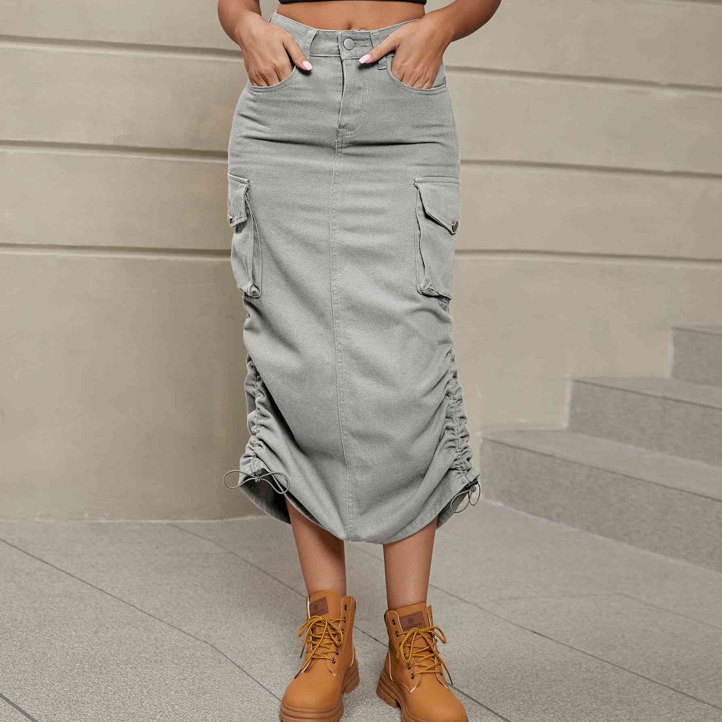 Drawstring Denim Midi Skirt