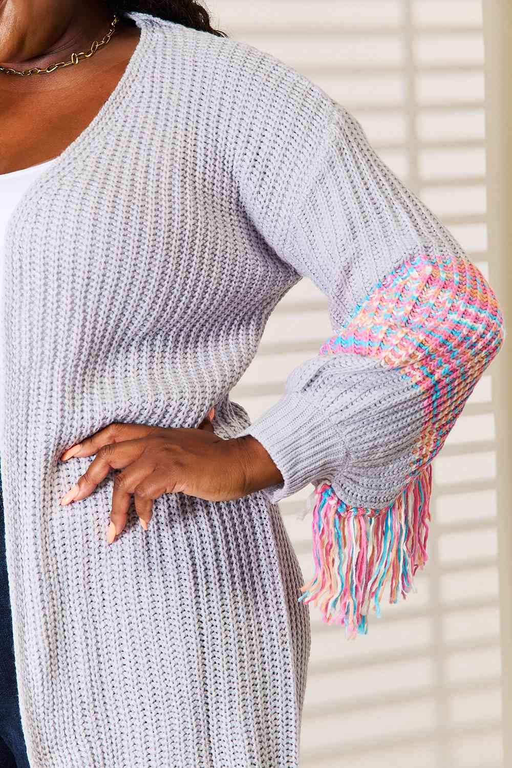 Woven Right Fringe Sleeve Cardigan