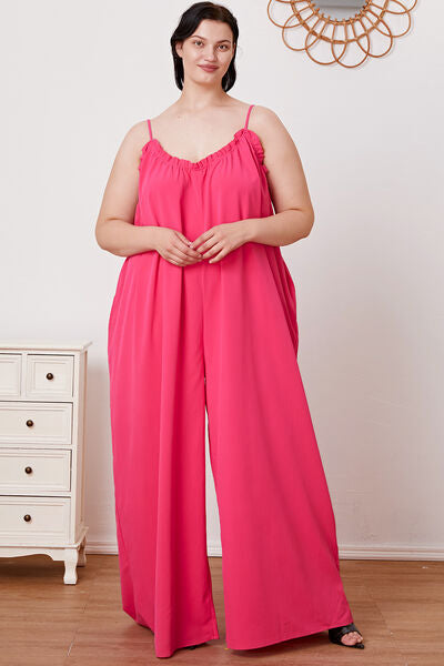 Full Size Ruffle Trim Cami Jumpsuit with Pockets