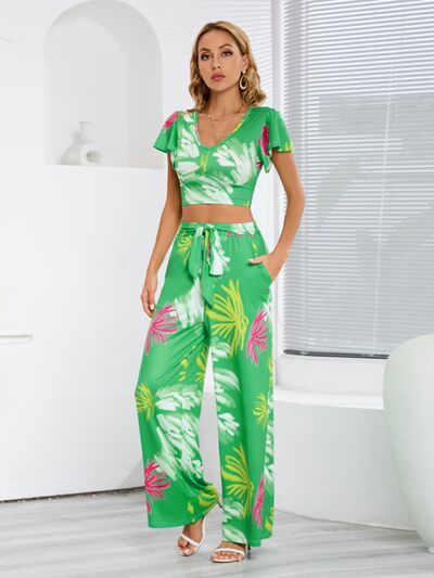 Printed Top and Tied Pants Set