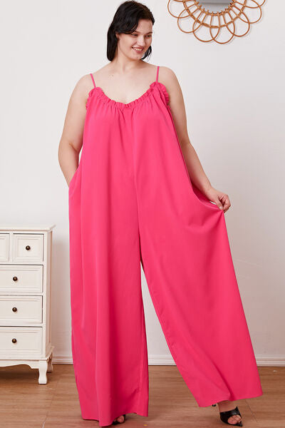 Full Size Ruffle Trim Cami Jumpsuit with Pockets