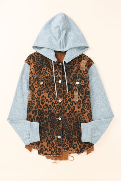 Leopard Drawstring Hooded Denim Jacket