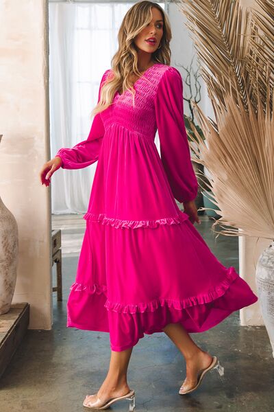Hot Pink V-Neck Balloon Sleeve Tiered Dress