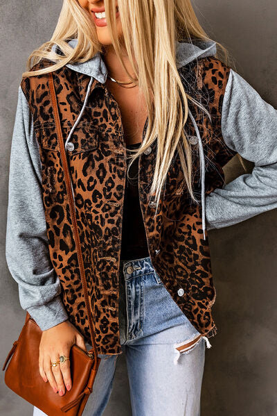 Leopard Drawstring Hooded Denim Jacket