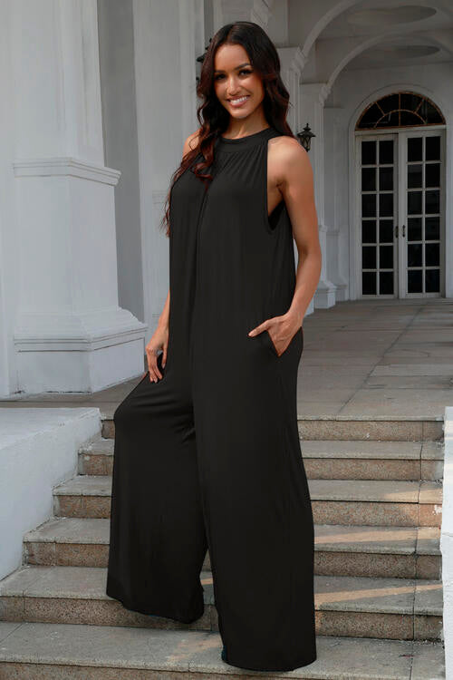 Full Size Tie Back Cutout Sleeveless Jumpsuit