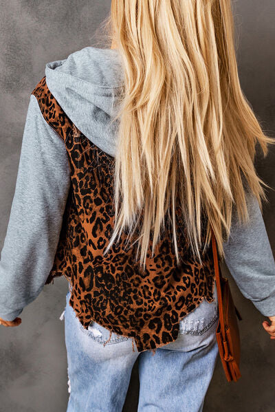 Leopard Drawstring Hooded Denim Jacket