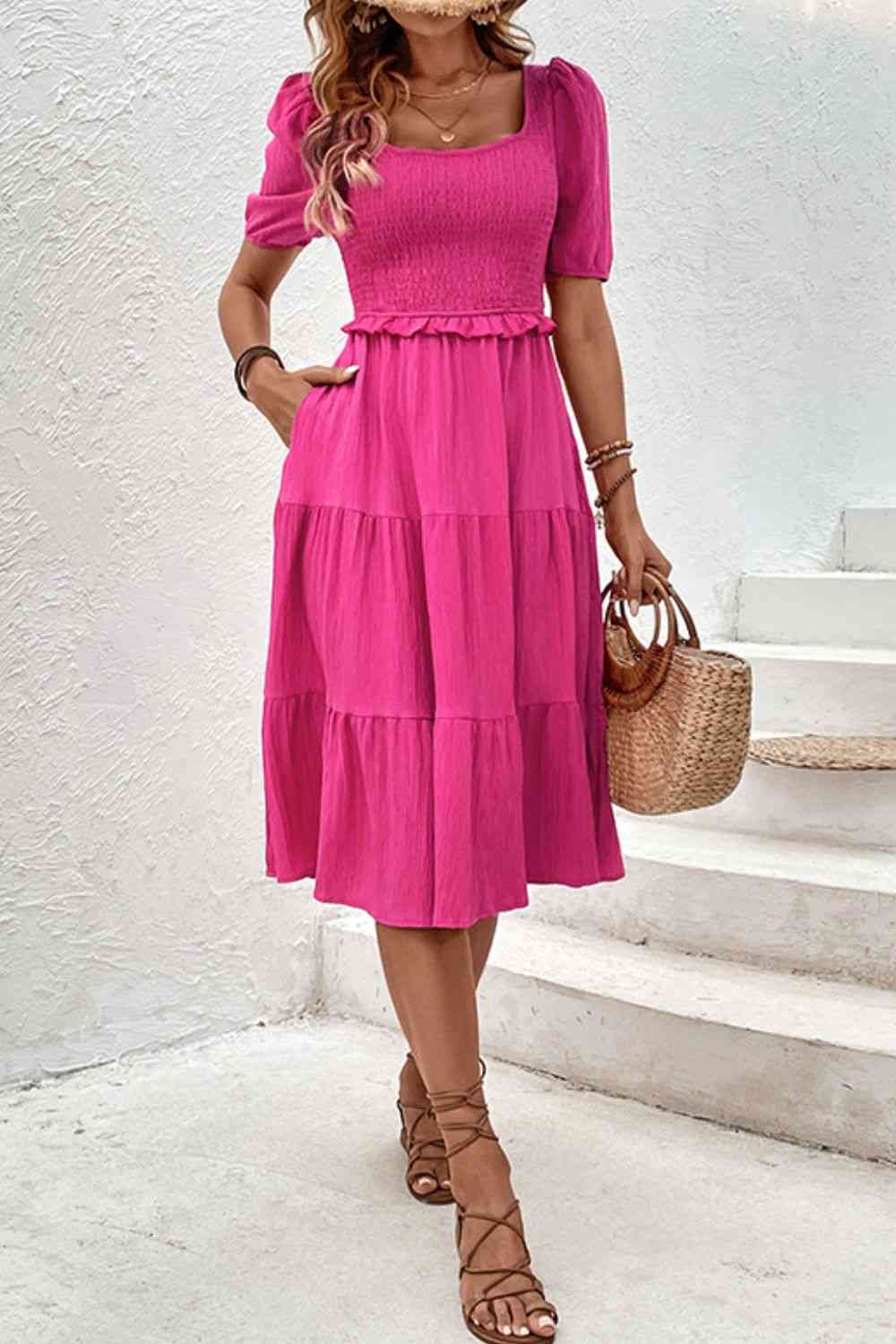 Square Neck Puff Sleeve Fuschia Dress