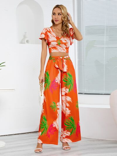 Printed Top and Tied Pants Set