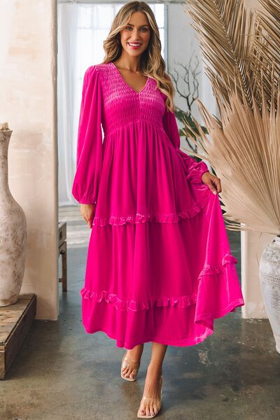 Hot Pink V-Neck Balloon Sleeve Tiered Dress