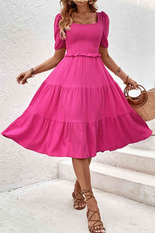 Square Neck Puff Sleeve Fuschia Dress