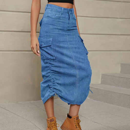 Drawstring Denim Midi Skirt