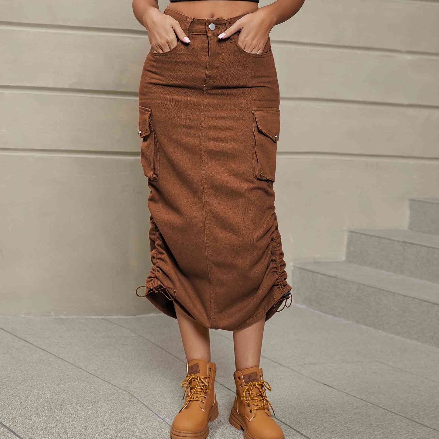 Drawstring Denim Midi Skirt