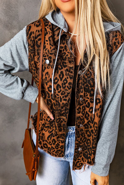 Leopard Drawstring Hooded Denim Jacket