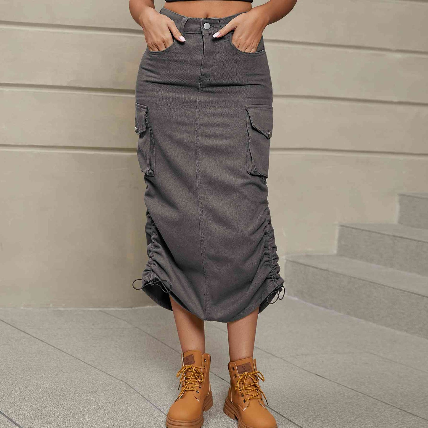 Drawstring Denim Midi Skirt