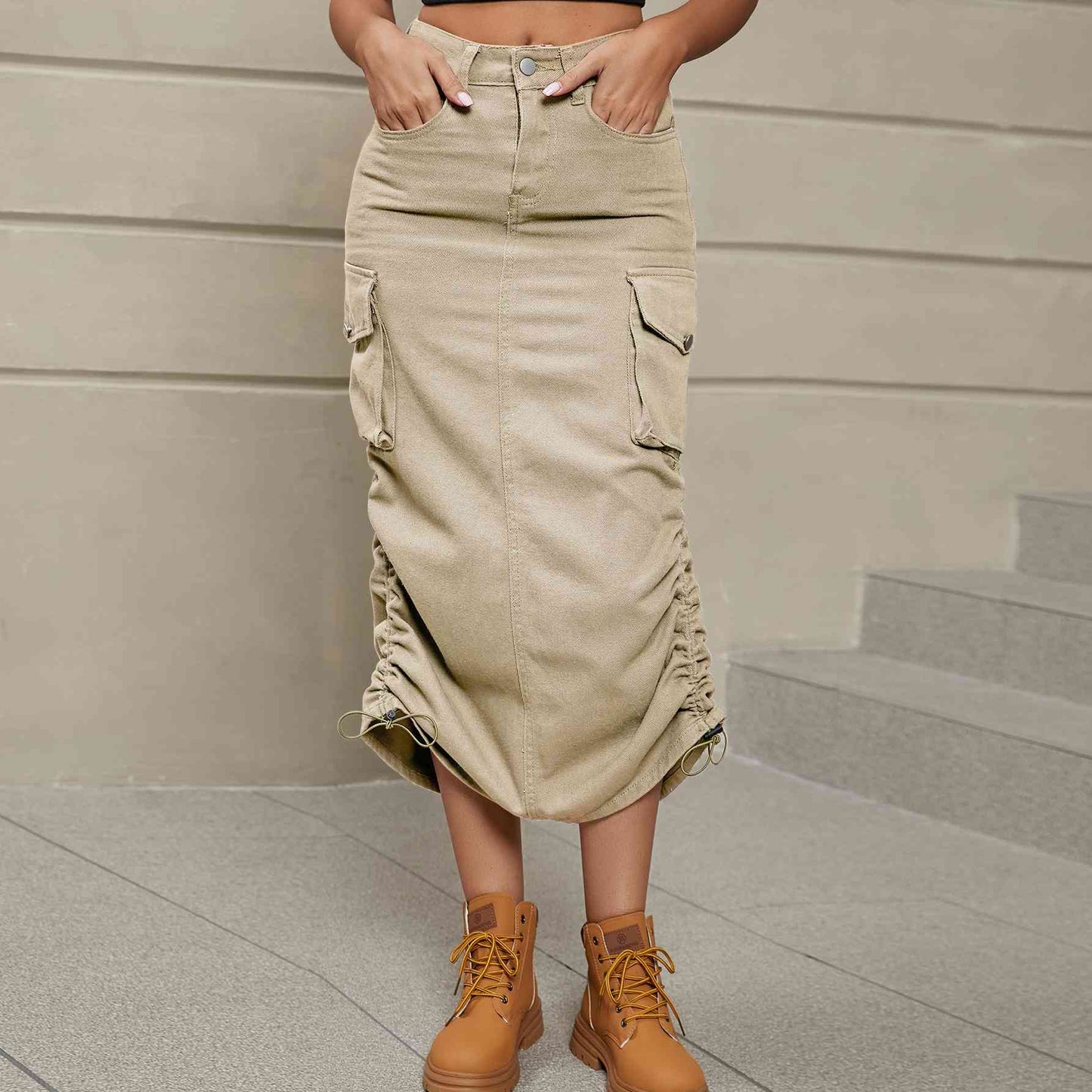 Drawstring Denim Midi Skirt