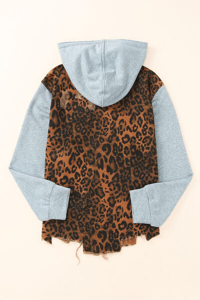 Leopard Drawstring Hooded Denim Jacket
