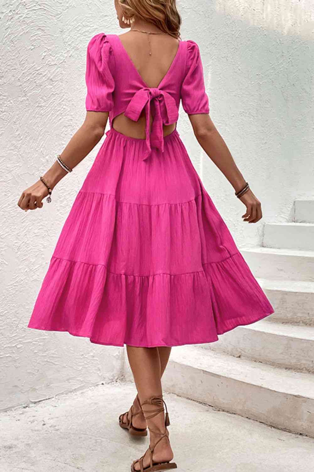 Square Neck Puff Sleeve Fuschia Dress
