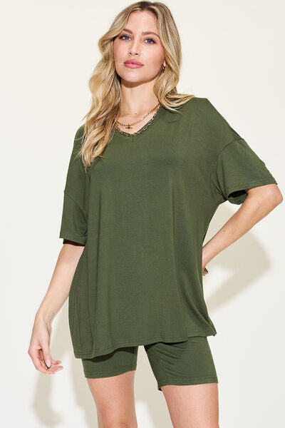 Full Size V-Neck Short Sleeve T-Shirt and Shorts Set
