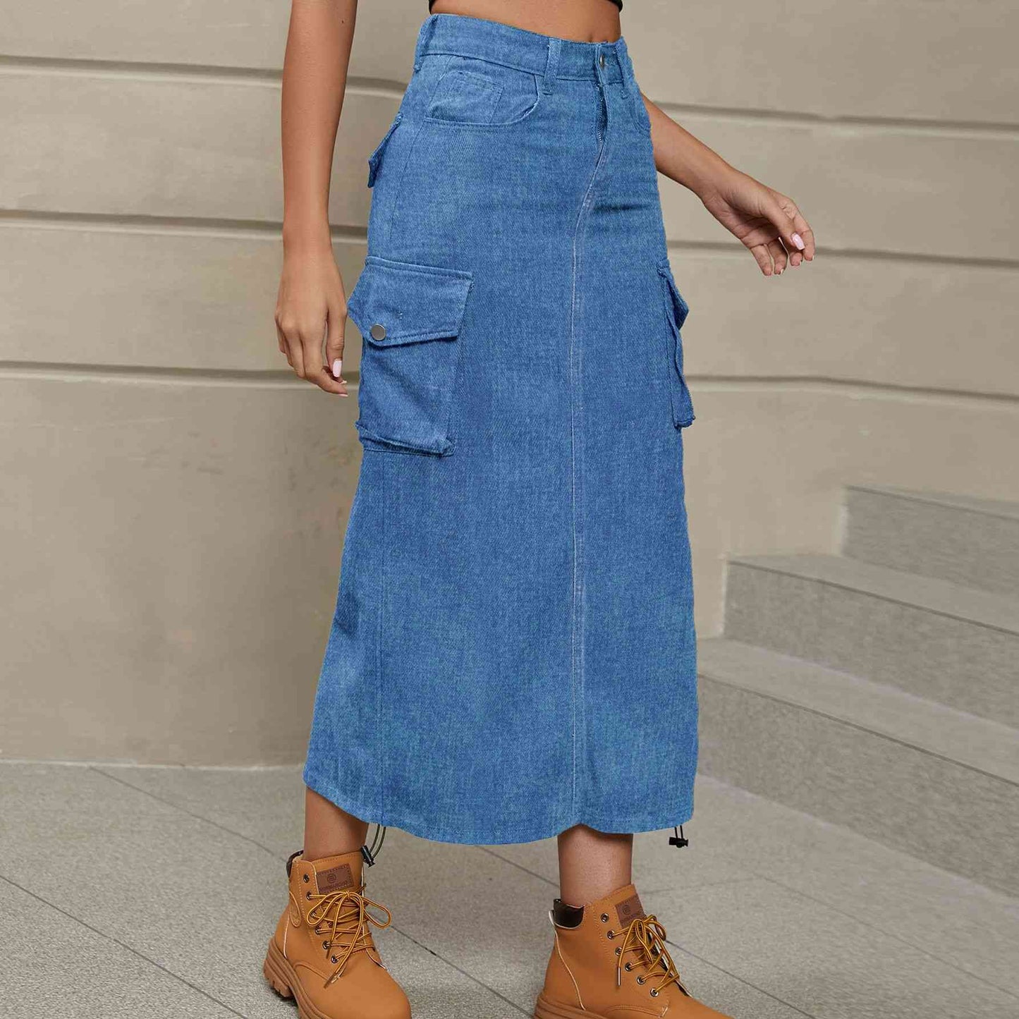 Drawstring Denim Midi Skirt