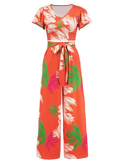 Printed Top and Tied Pants Set