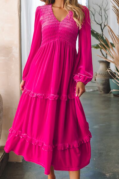 Hot Pink V-Neck Balloon Sleeve Tiered Dress