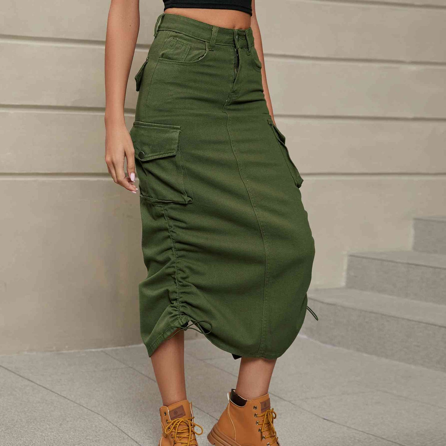 Drawstring Denim Midi Skirt
