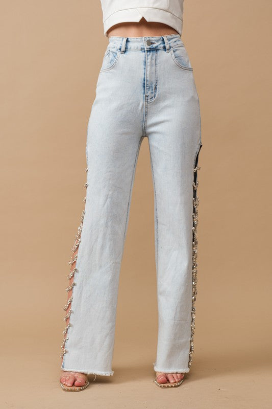 Blingy Side Cut Out Jewel Stretch Jeans