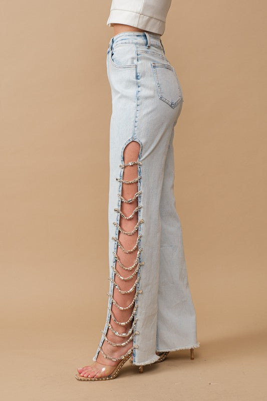 Blingy Side Cut Out Jewel Stretch Jeans