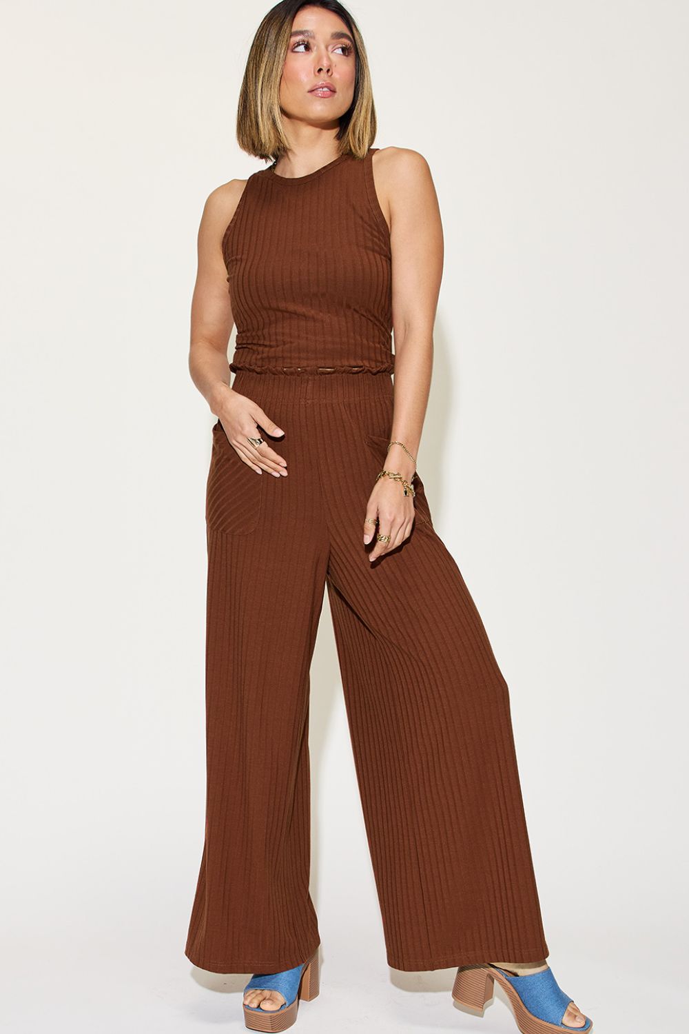 Full Size Ribbed Tank and Wide Leg Pants Set