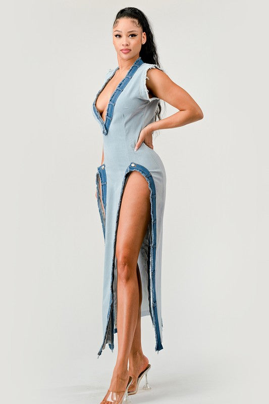 Sexy V-Neck Denim Front Panel Pullover Dress