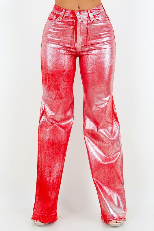 Metallic Wide Leg Jean in Red