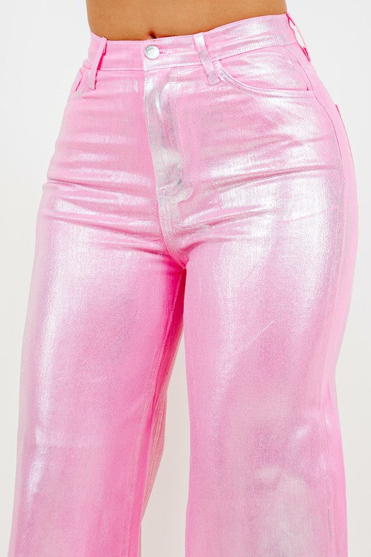 Metallic Wide Leg Jean in Pink