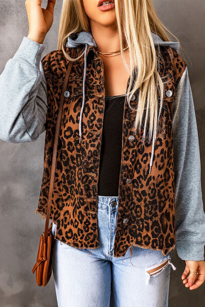 Leopard Drawstring Hooded Denim Jacket