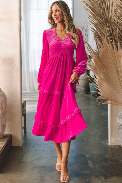 Hot Pink V-Neck Balloon Sleeve Tiered Dress