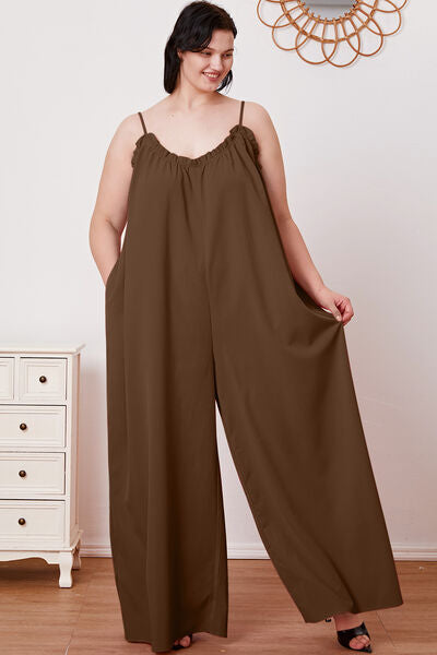 Full Size Ruffle Trim Cami Jumpsuit with Pockets