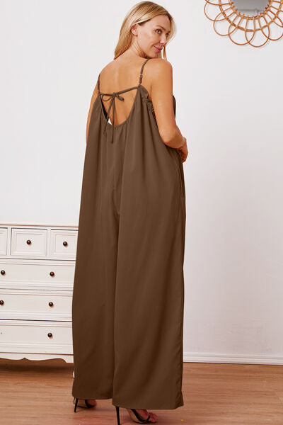 Full Size Ruffle Trim Cami Jumpsuit with Pockets