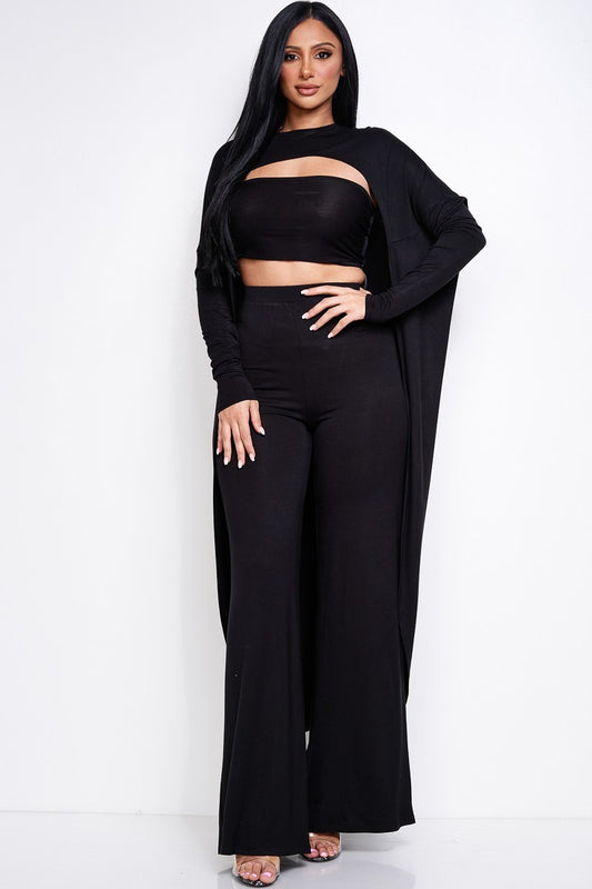Solid Heavy Rayon Spandex Tube Top, Long Sleeve Cape Top And Wide Leg Pants 3 Piece Set
