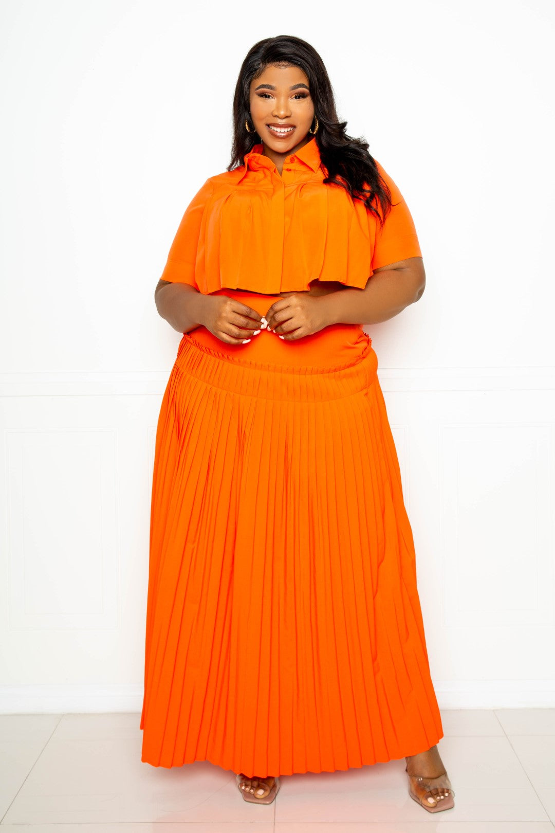 Pleated Cropped Shirt And Maxi Skirt Set
