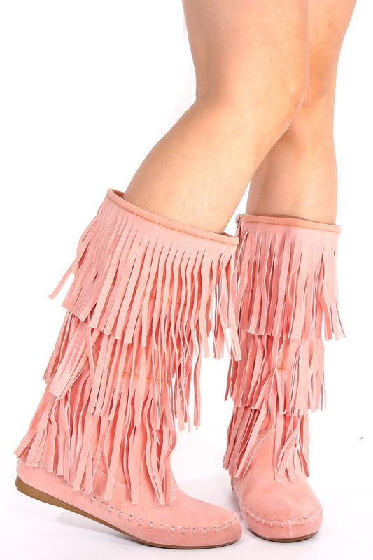 Dusty Pink Moccasin Style Fringe Boot