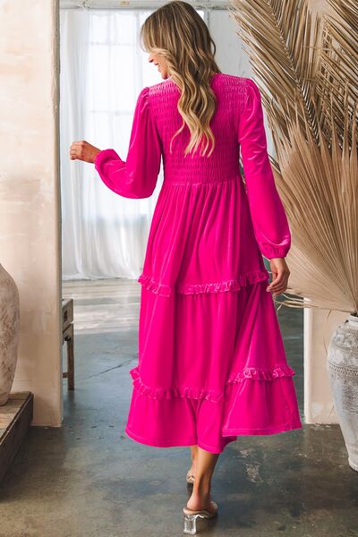 Hot Pink V-Neck Balloon Sleeve Tiered Dress